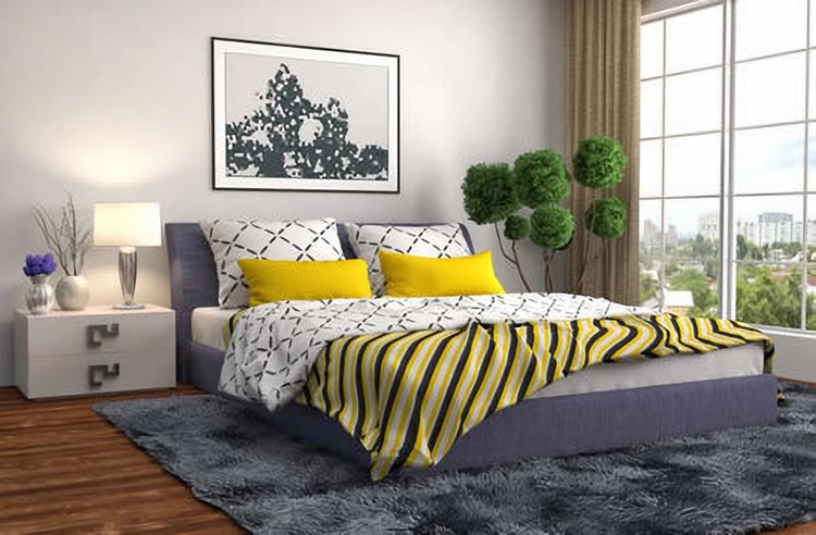 Textilien im Schlafzimmer in Akzentfarbe Gelb
