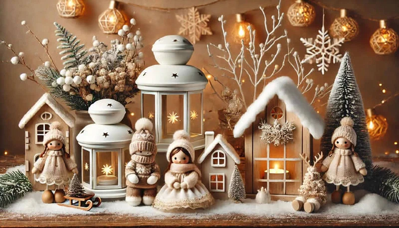 Weihnachtsdeko mit Laternen, Holzhäusern und Figuren