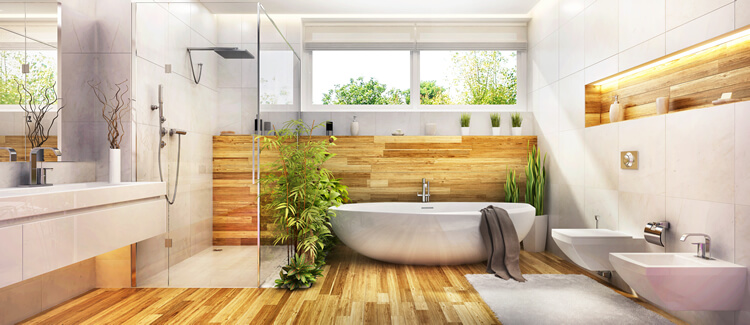Badezimmer mit Holzimitation