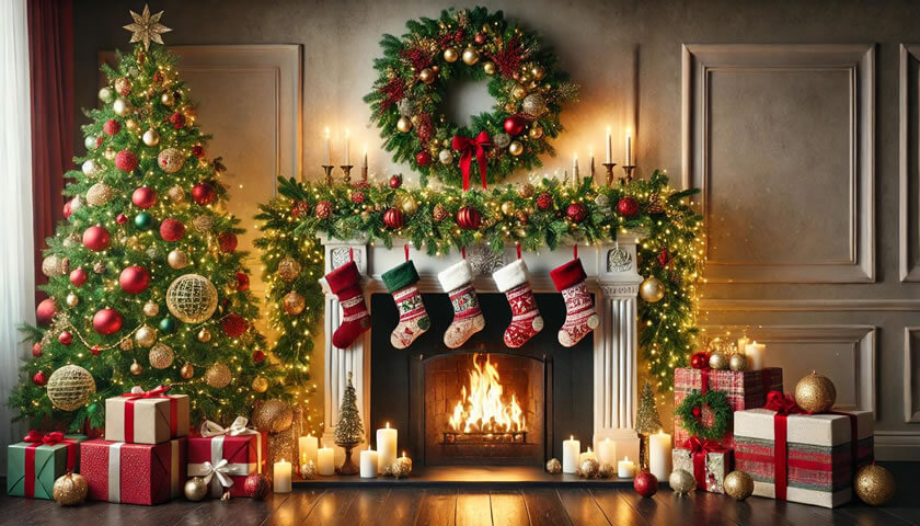 Weihnachtliche Deko für Kamin - klassischer Look