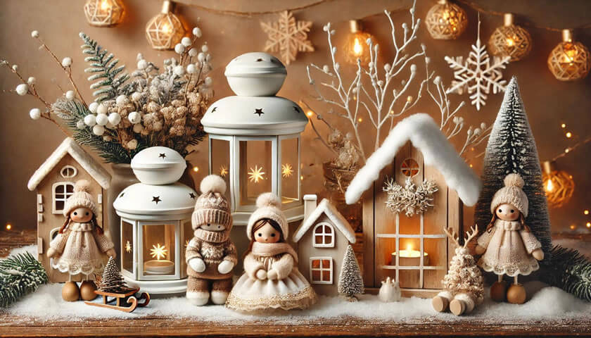 Weihnachtsdeko mit Laternen, Holzhäusern und Figuren