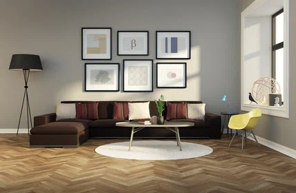Dunkelbraunes Sofa mit Wandfarbe Ocker kombiniert