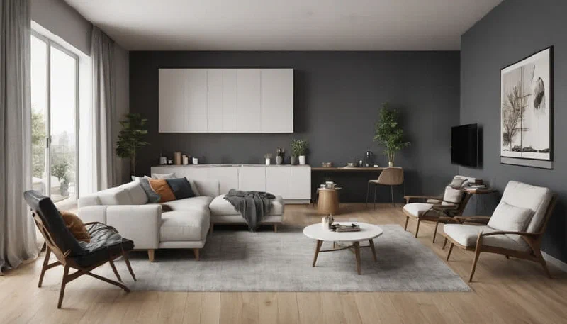 Weiße Möbel und dunkelgraue Wand im Wohnzimmer