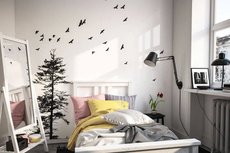 Wandtattoo in Schwarz-Weiß - Vögel und Bäume